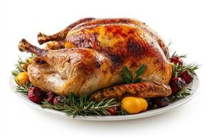 A beautifully roasted turkey garnished with herbs and fruits, perfect for a festive dinner. photo