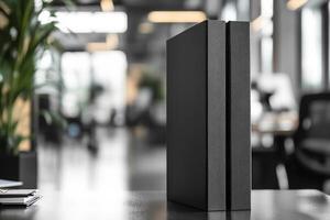 Two sleek black folders stand upright on a clutter-free office desk, reflecting a modern workspace ambiance. photo