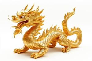 A majestic golden dragon sculpture with intricate details and a fierce expression. photo