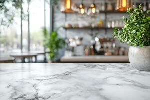 Elegant marble countertop with a potted plant, set in a cozy cafe environment. photo