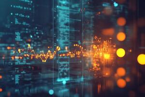 A futuristic representation of data analytics with glowing graphs and digital patterns. photo