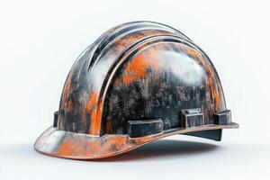 A weathered black and orange construction helmet, symbolizing hard work and safety in industrial settings. photo
