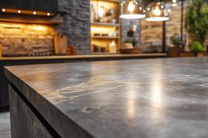 Stylish modern kitchen with a textured stone countertop and warm ambient lighting, creating a cozy atmosphere. photo