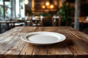 A simple white plate elegantly placed on a rustic wooden table in a cozy restaurant setting. photo