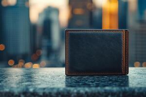 Close-up of a sleek black leather wallet against a city skyline during sunset, showcasing luxury and sophistication. photo