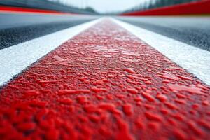 Close-up of a rain-drenched racetrack featuring vibrant red and white markings. photo