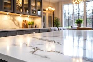 Elegant modern kitchen featuring a marble countertop and stylish lighting. photo