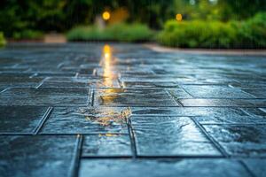Wet cobblestone pathway reflecting warm lights in a serene garden scene after rain. photo