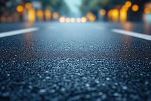 A close-up view of a wet asphalt road, reflecting blurred streetlights, creating a tranquil evening atmosphere. photo