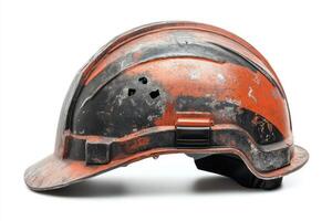 Worn steel helmet showcasing rustic charm with scratches and imperfections, representing hard work and resilience. photo