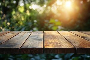 A rustic wooden table in a serene outdoor setting, illuminated by golden sunlight filtering through lush greenery. photo
