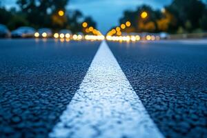 A low-angle view of a city road at twilight, with blurred headlights creating a dynamic, vibrant atmosphere. photo