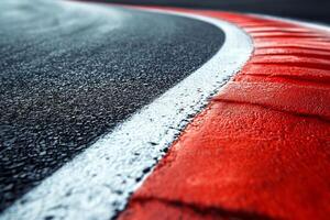 Close-up of a racetrack corner featuring detailed asphalt textures and vibrant red curbing. photo