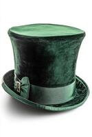 Elegant green top hat with a sleek satin band, perfect for formal events or costume parties. photo