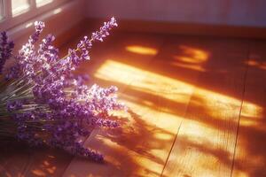 A serene display of lavender flowers casting soft shadows on a sunlit wooden floor. photo