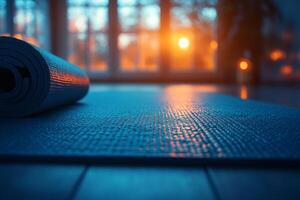 A serene yoga mat ready for practice in a tranquil setting at sunset. photo