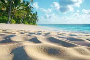 A serene beach scene featuring soft golden sand and lush green palm trees under a bright blue sky. photo