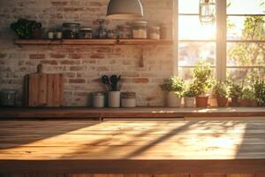 Warm and inviting kitchen interior with sunlight streaming through large windows and highlighting a wooden table. photo