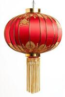 A vibrant red Chinese lantern adorned with intricate gold designs, perfect for festive celebrations. photo