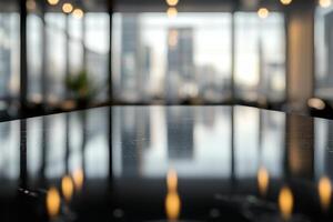 A sleek, polished black table in focus, reflecting soft lights from an urban background. photo
