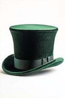 A stylish green top hat with a smooth finish and elegant black ribbon, perfect for formal events. photo