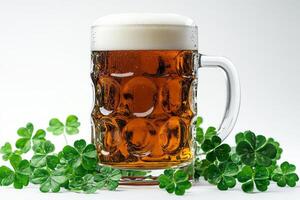 A frosty mug of beer with a rich amber hue, surrounded by vibrant green clovers, evoking a festive atmosphere. photo