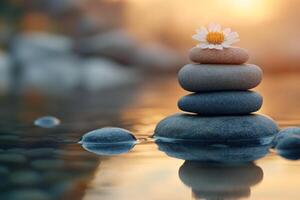 A serene stack of smooth stones with a delicate flower on top, reflecting tranquility at sunset. photo