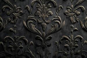 Intricate black floral damask pattern with a raised texture, adding elegance and depth to interior design. photo