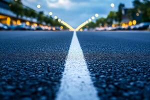 A low-angle view of a quiet street at dusk, featuring a crisp white line dividing the asphalt, with lights creating a serene atmosphere. photo