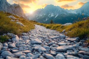 A scenic mountain pathway lined with stones, illuminated by the golden glow of sunset. photo