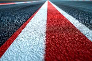 Close-up view of a racetrack featuring distinct red and white lines, emphasizing speed and competition. photo