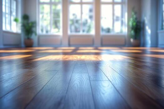 Bright and airy interior with wooden flooring and large windows casting soft shadows. photo