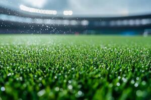 Close-up of dewy artificial turf, showcasing the vibrant green grass under stadium lights. photo