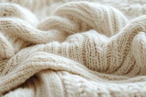 Close-up of a cozy cream-colored knitted sweater, showcasing its intricate patterns and soft texture. photo