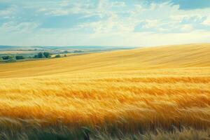 Golden wheat fields under a serene blue sky create a tranquil rural landscape. photo