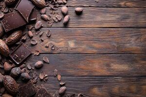 Delicious dark chocolate pieces and cocoa beans arranged on rustic wooden background. photo