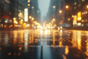 A rainy evening in the city, with shimmering reflections and glowing streetlights creating a dreamy atmosphere. photo