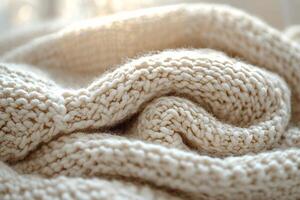 Close-up of a soft, beige knitted blanket, showcasing its intricate texture and cozy feel. photo