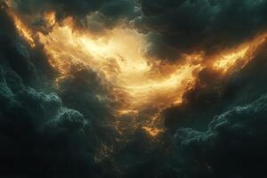Dramatic storm clouds illuminated by a glowing golden light, creating a captivating celestial scene. photo