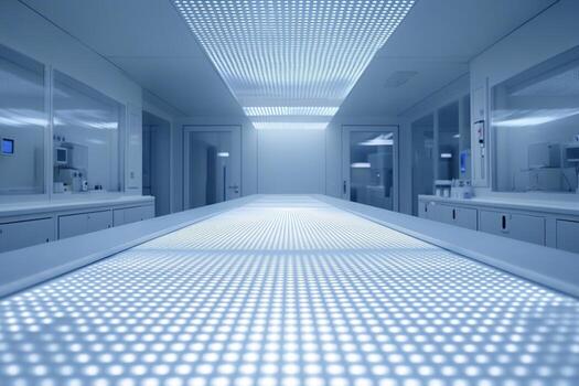 A futuristic laboratory space featuring bright LED panel lighting, designed for research and experimentation. photo