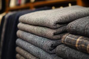Neatly folded stacks of textured fabric in various shades of gray, showcasing craftsmanship and quality. photo