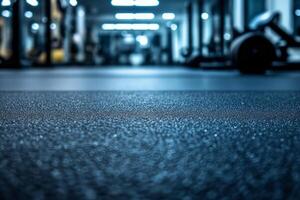 Close-up of a gym floor with various equipment blurred in the background, evoking a serious workout atmosphere. photo