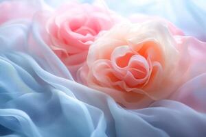 Delicate pink and peach roses nestled in soft blue fabric, creating a serene and romantic atmosphere. photo