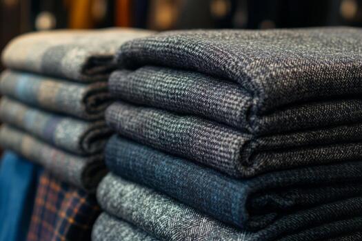 A close-up of neatly stacked fabrics in various textures and shades of blue. photo
