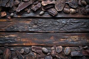 A rich display of dark chocolate and cocoa beans scattered on a rustic wooden surface. photo