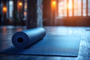A rolled blue yoga mat resting on a wooden floor, bathed in warm, ambient light from large windows. photo
