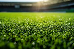 Close-up view of lush green artificial turf on a sunny day, creating a vibrant and inviting atmosphere. photo