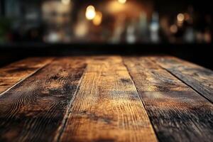 A close-up view of a rustic wooden table, showcasing intricate grain patterns and warm tones amidst a softly lit background. photo