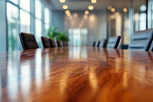 A modern conference room with a polished wooden table reflecting soft lighting. photo