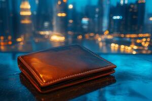 A stylish brown leather wallet lies on a glossy surface, with a city skyline shimmering in the background. photo
